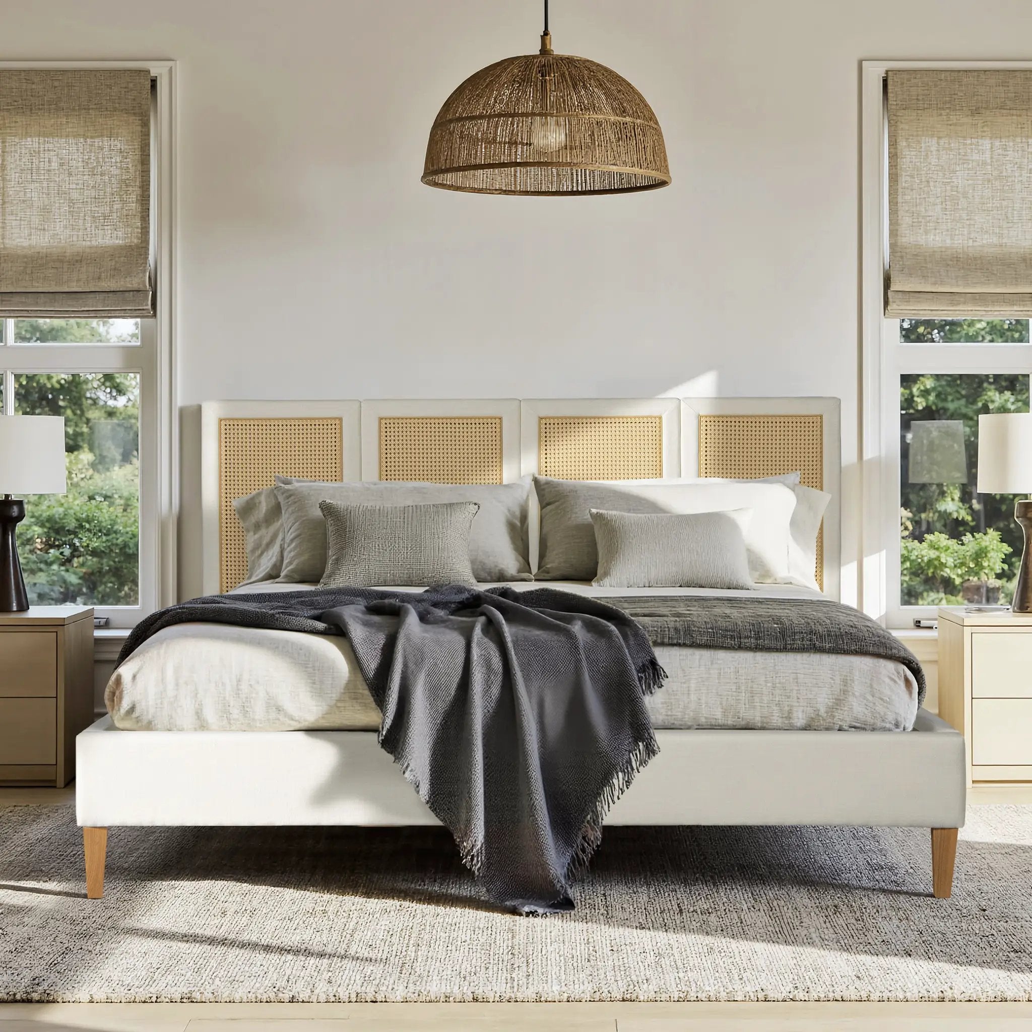 Toscana King Upholstered Cane Back Platform Bed, Antique by HouseOfZazla
