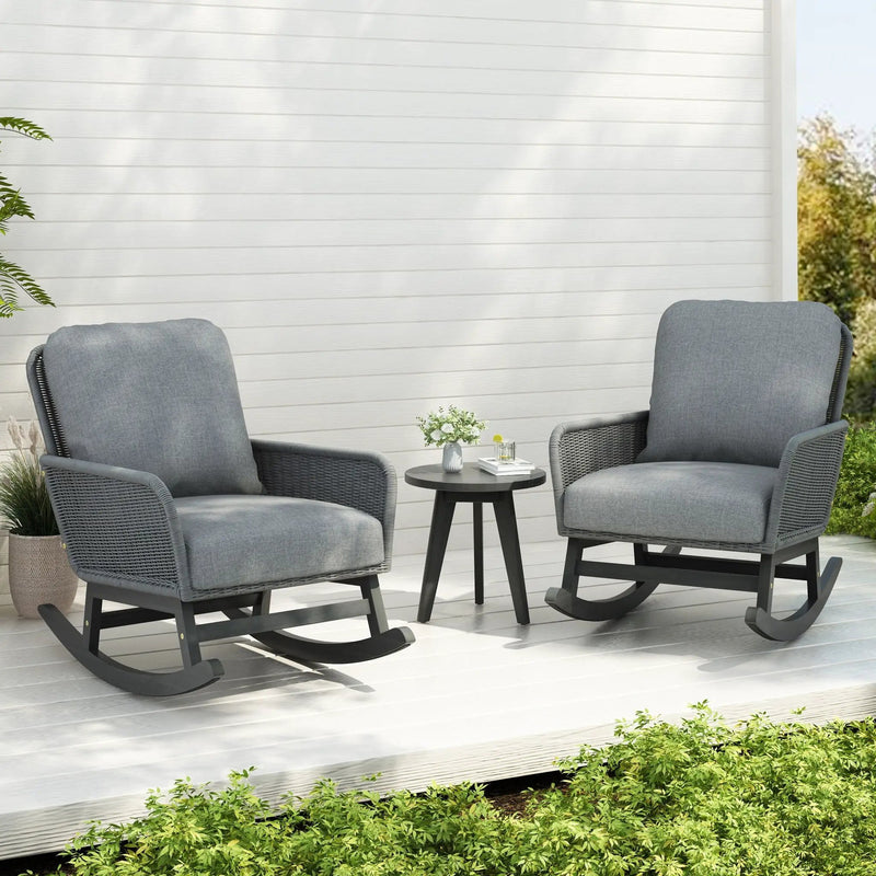 Modern 3 Piece Outdoor Seating Set with Cushioned Rattan Rocking Chairs and Wooden Accent Table by HouseOfZazla