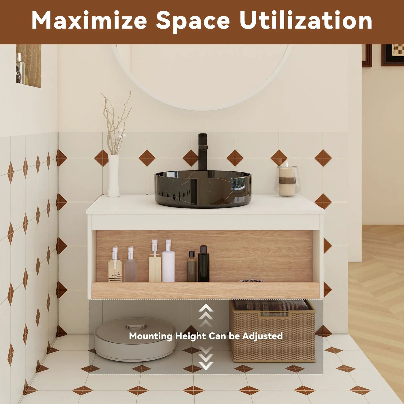 Floating Bathroom Vanity With Vessel Sink With Open Shelf Storage by HouseOfZazla