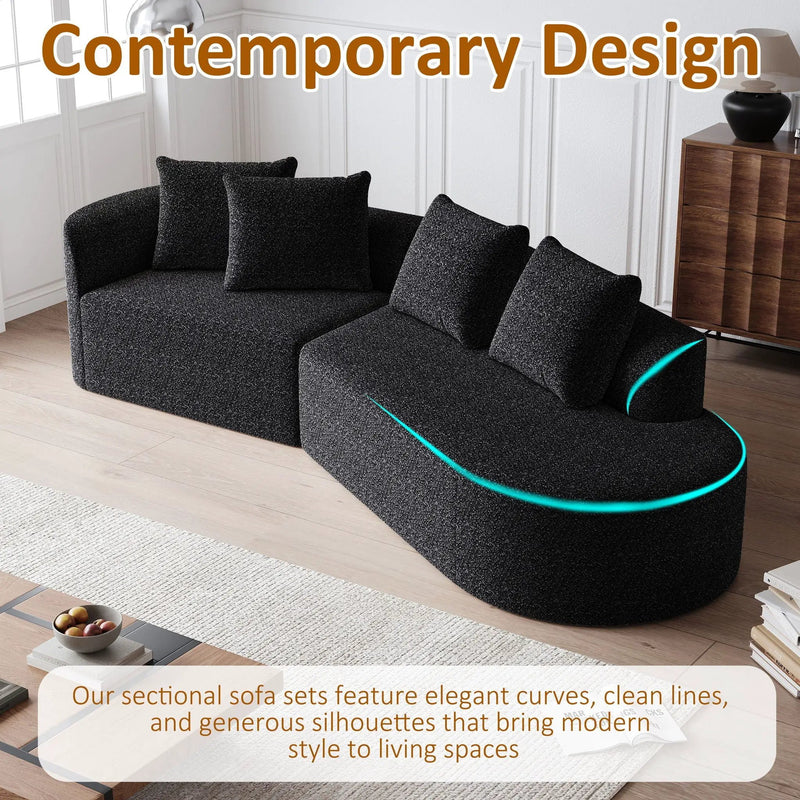 Upholstered Oversized Sectional Sofa, 4 Seater Extra Deep & Wide Curved Cloud Couch With 4 Throw Pillows For Living Room - Black by HouseOfZazla