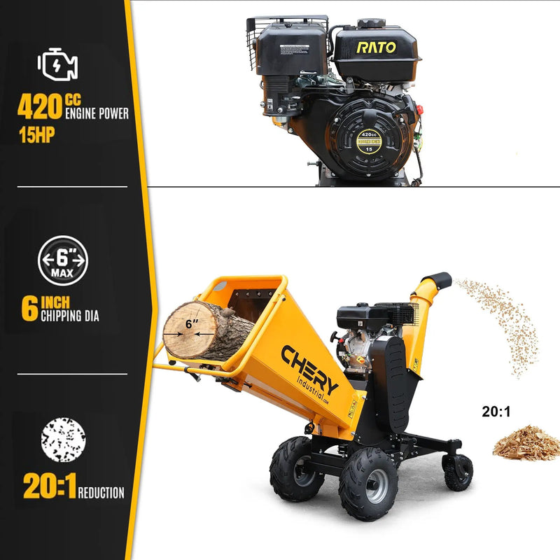 6'' 420Cc 15Hp Pull Start Gas Powered 4 - Wheels Chipper Shredder Mulcher With Towbar / Stop Bar - Yellow by HouseOfZazla