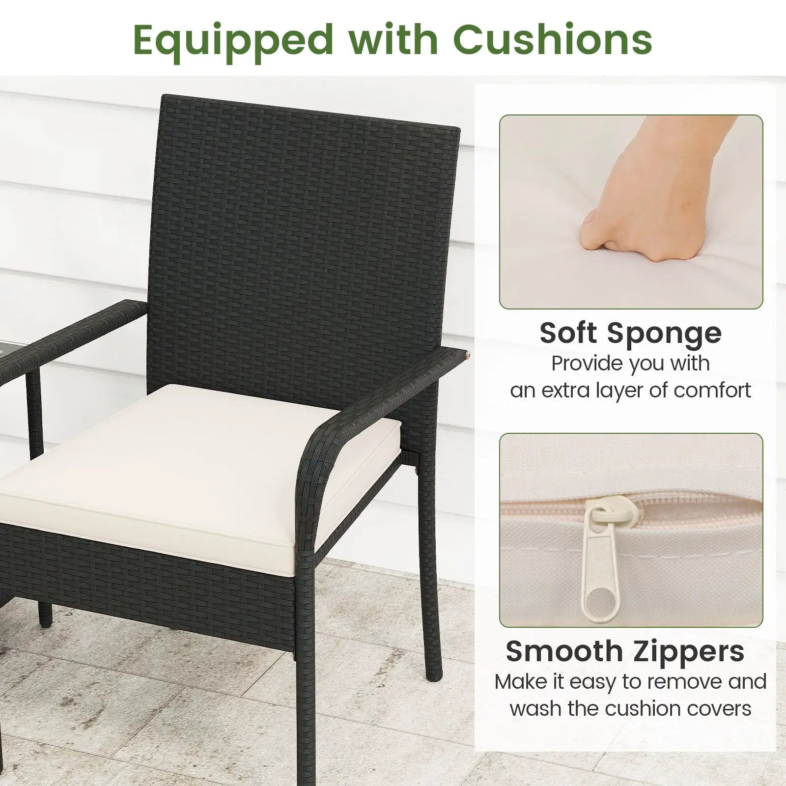 3 Piece Patio Furniture Set with Seat Cushions and Tempered Glass Tabletop by DirectDeals