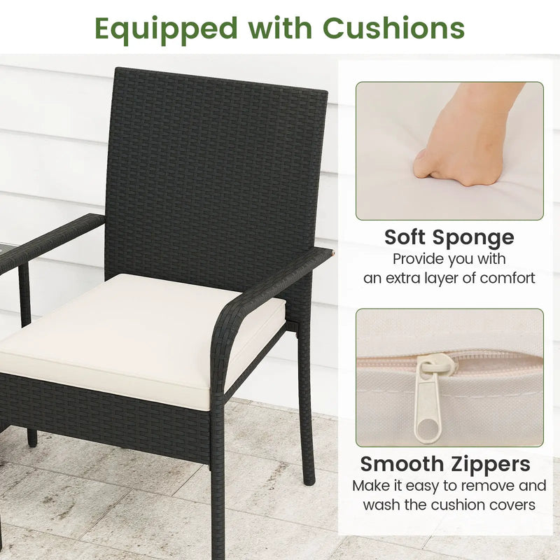 3 Piece Patio Furniture Set with Seat Cushions and Tempered Glass Tabletop by DirectDeals