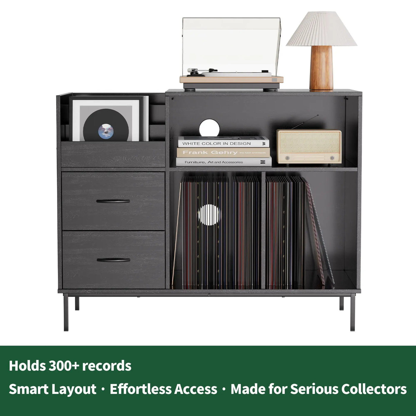 Eco-Friendly Vinyl Record Player Stand With Flip-Top Storage, Media Console With Dual Outlets And Dustproof Drawers by HouseOfZazla