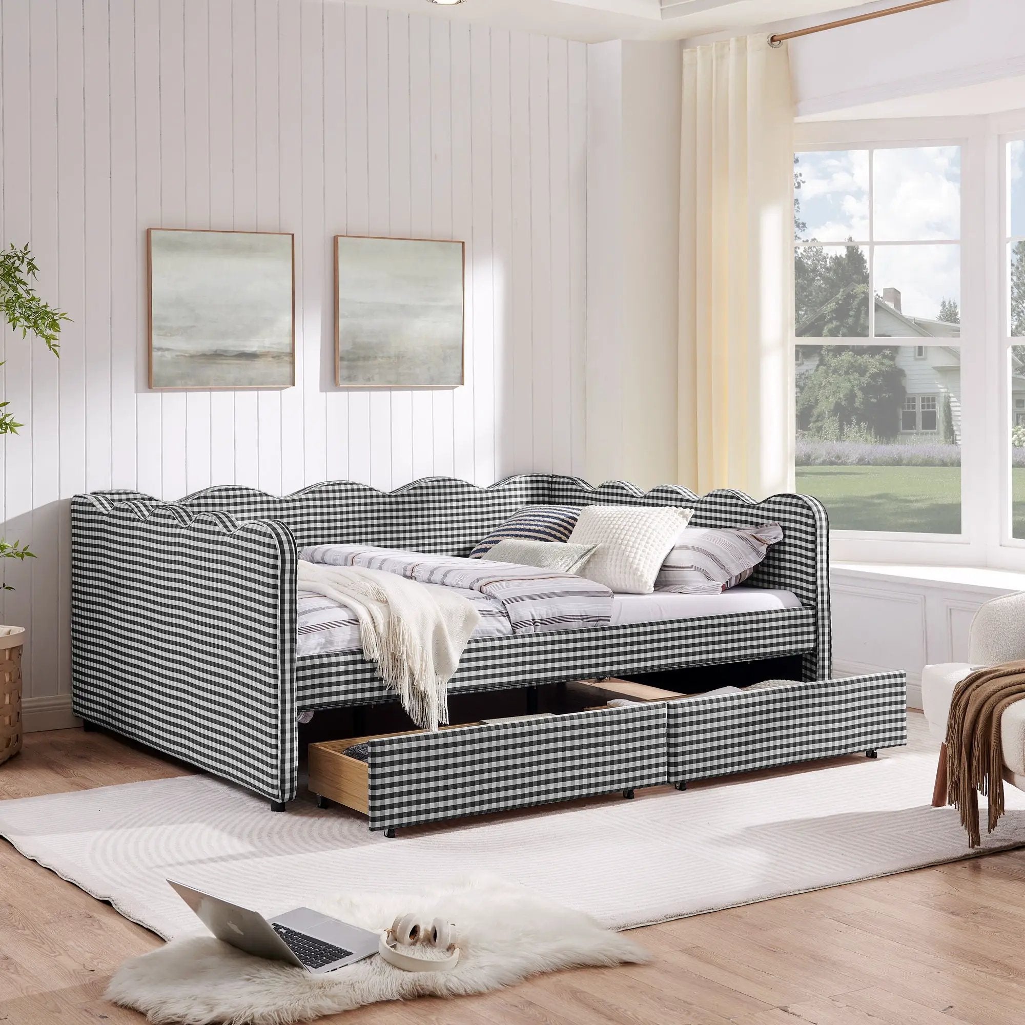 Gingham Daybed With USB Charging Port, Wave-Shaped Design by Unique Piece Furniture