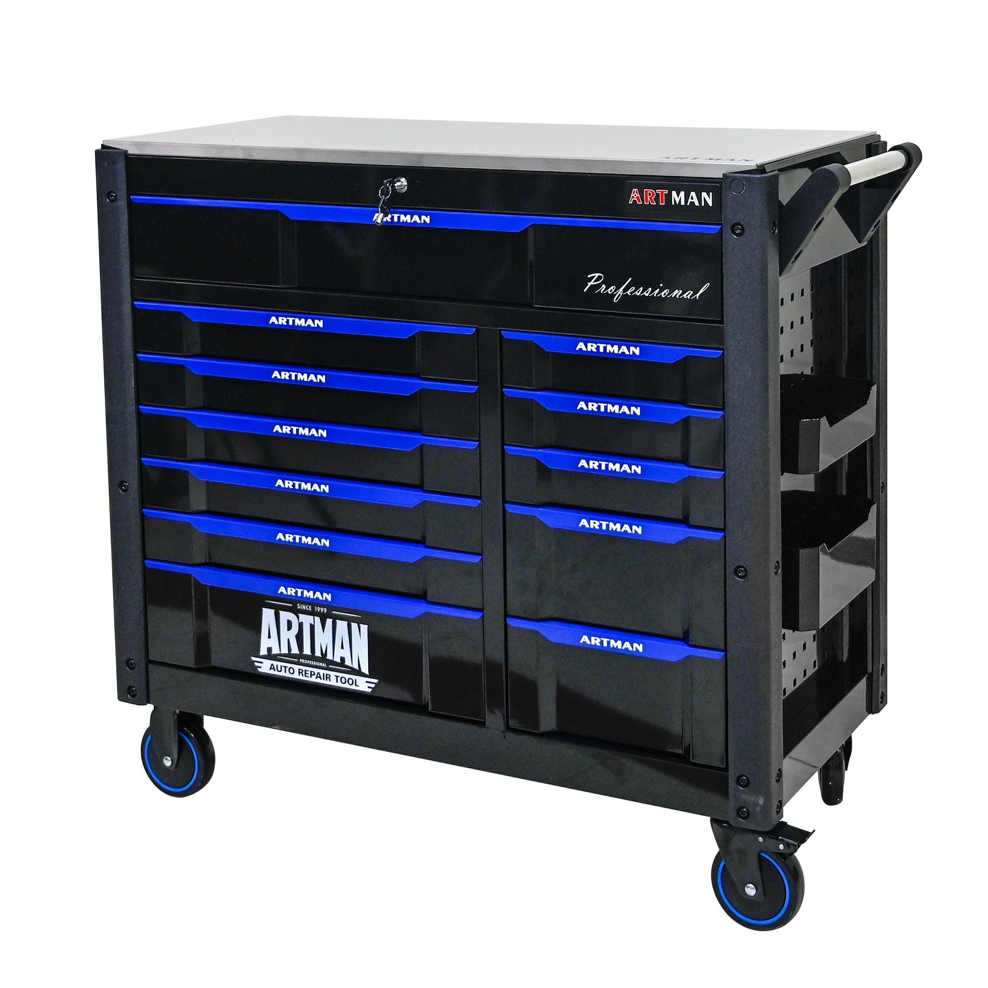 12 Layer Drawer Multi Purpose Tool Cart With Wheels And Iron Top - Black / Blue by HouseOfZazla
