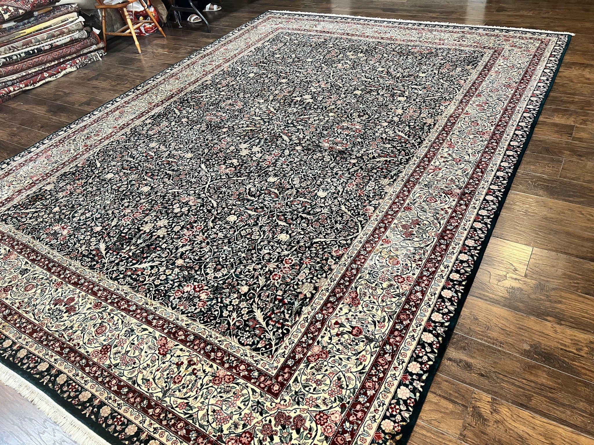 Large Sino Persian Rug 10x14, Wool Hand Knotted Vintage Carpet, Dark Green & Beige, Kirman Floral Rug, Fine Weave, Traditional, Large by Jewel Rugs