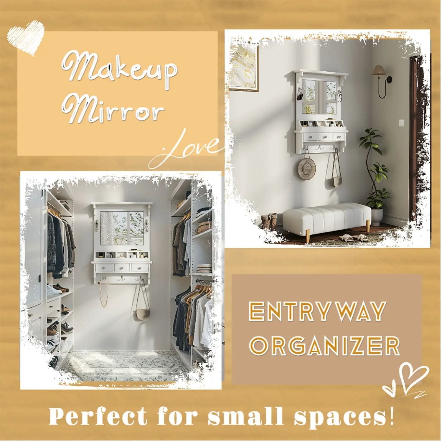Floating Makeup Vanity With Big Mirror, Wall Mounted Storage Vanity With Drawers, Pockets & Hooks, Space Saving Decorative Home Organizer - White by HouseOfZazla