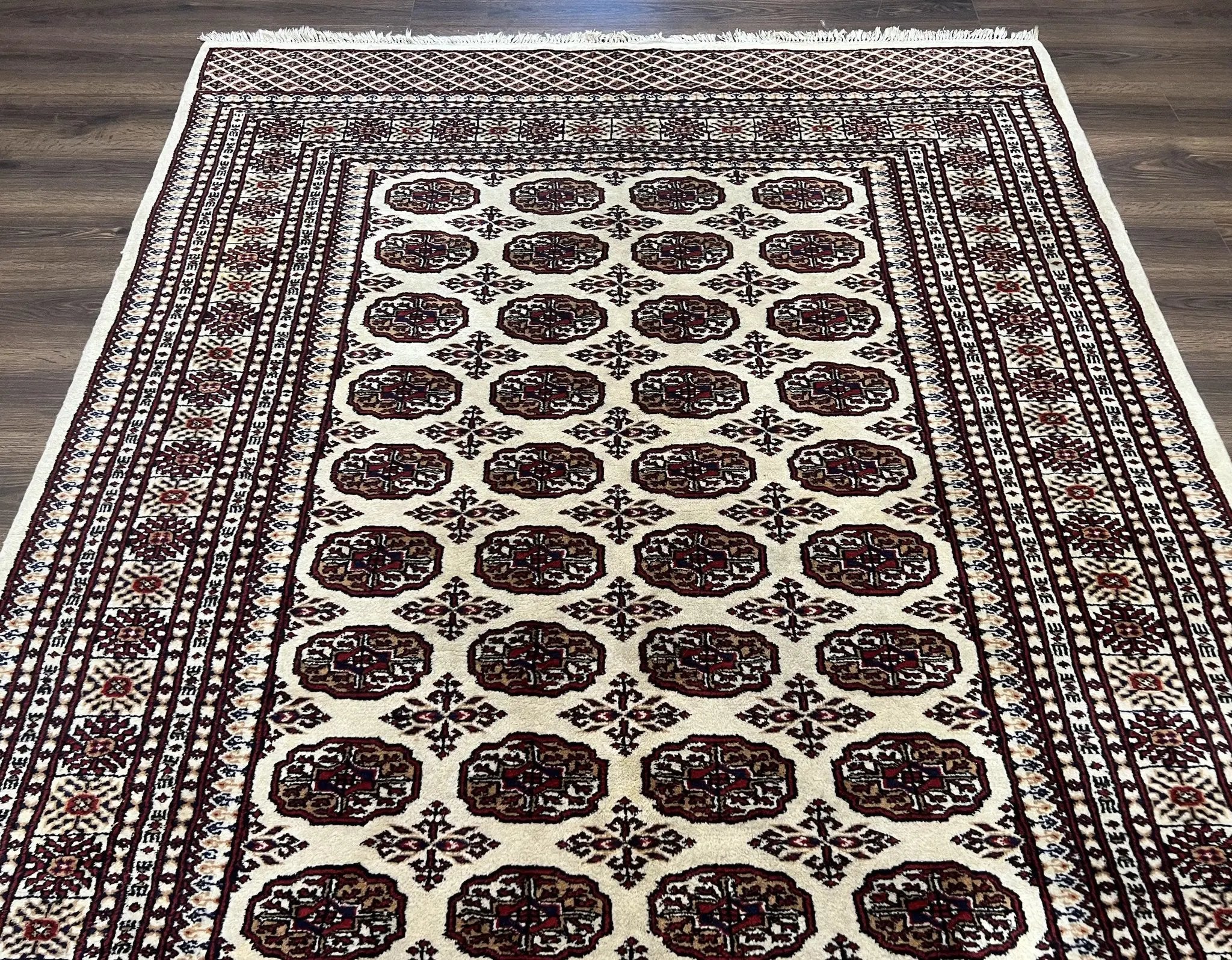 Pakistani Turkoman Rug 6x9, Cream and Red Hand Knotted Wool Oriental Carpet, Yamud Rug, Tribal Rug 6 x 9, Bohemian Area Rug, Bokhara Rug by Jewel Rugs