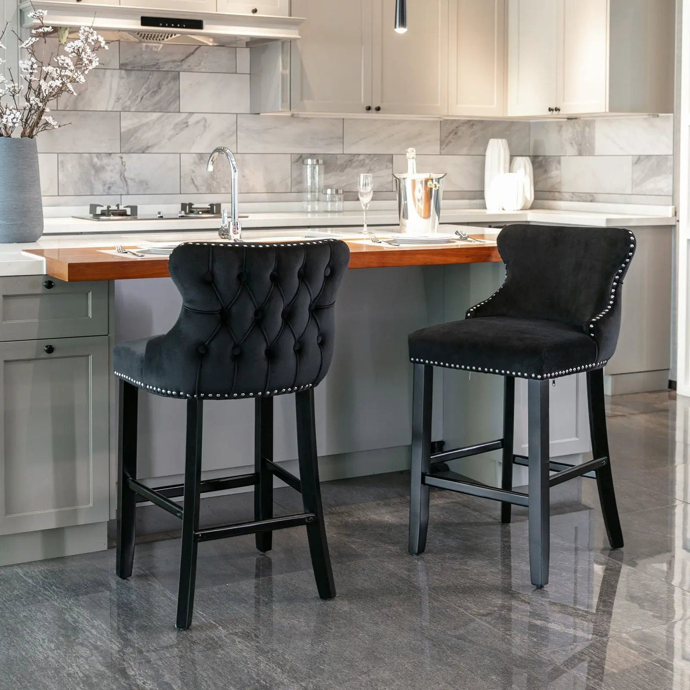 Contemporary Upholstered Wing-Back Barstools With Button Tufted Decoration And Wooden Legs, And Nailhead Trim, Leisure Style Bar Chairs, Bar Stools (Set of 2) by HouseOfZazla
