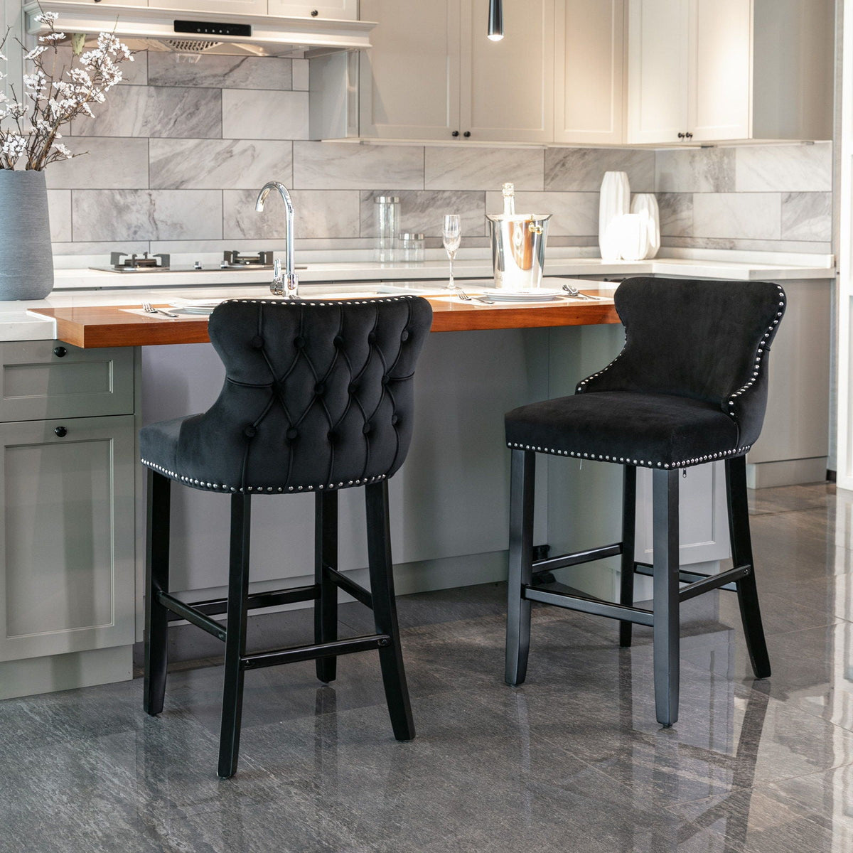 Upholstered Wing-Back Barstools with Button Tufting and Nailhead Trim - Set of 2, photo 2 of 20