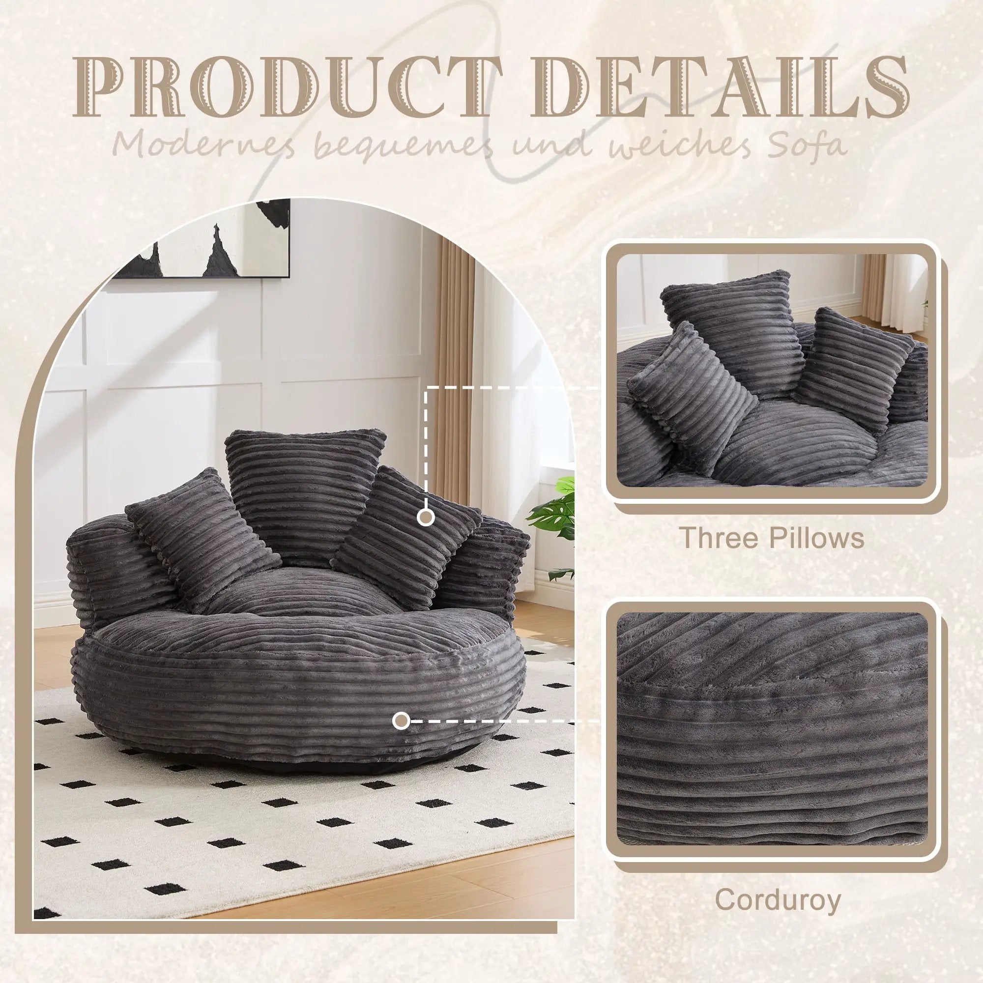 Oversized Bean Bag Chair With 3 Pillows & Armrest - Dark Gray by Unique Piece Furniture