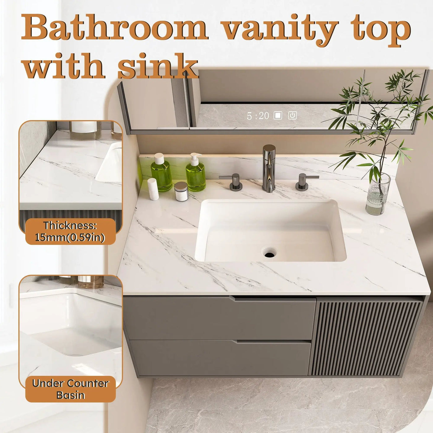 Bianco Carrara Venato Elegant Marble Vanity Top, Bathroom Vanity With Undermount Sink, Sintered Stone by HouseOfZazla