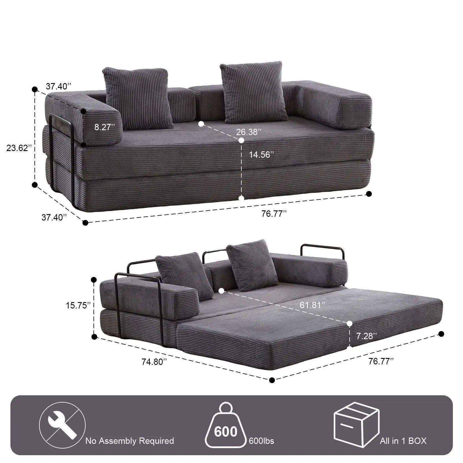 Floor Couch, Convertible Floor Sofa Bed With Pillow Back Support Armrest by HouseOfZazla