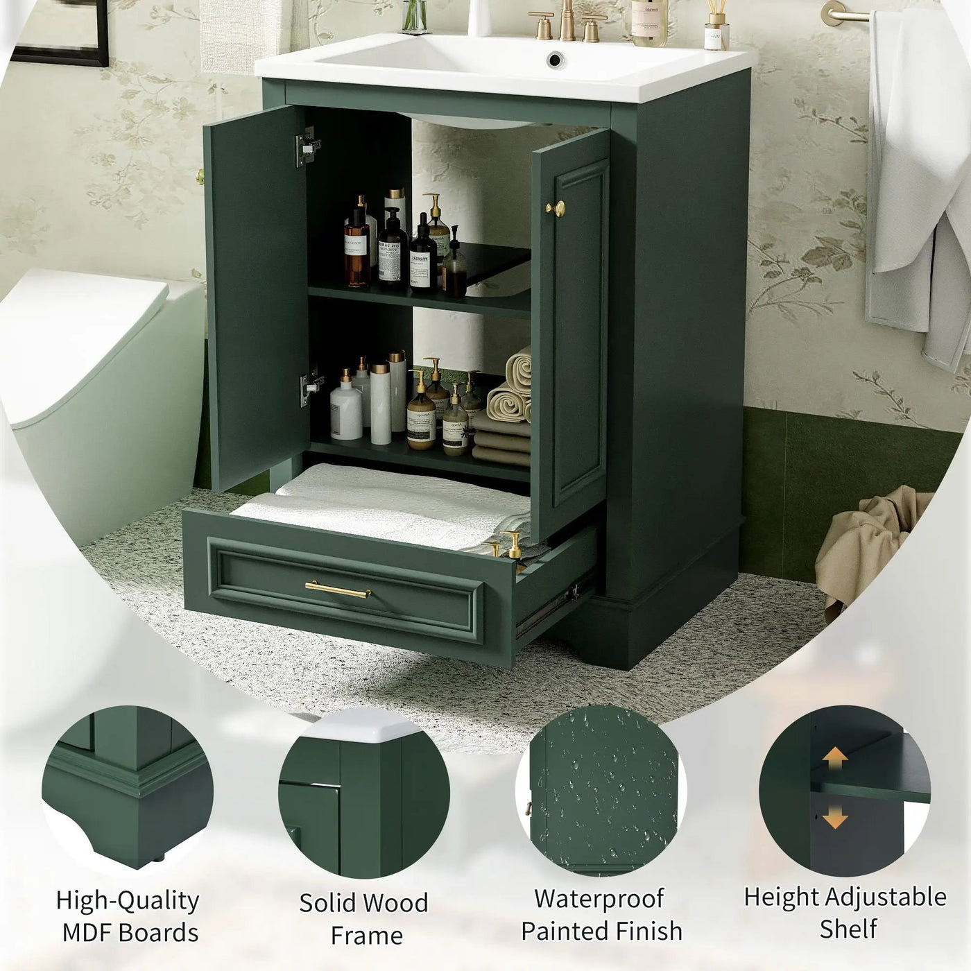 Bathroom Vanity With Ceramic Sink Combo, Modern Freestanding Storage Cabinet With Silver Handles by HouseOfZazla