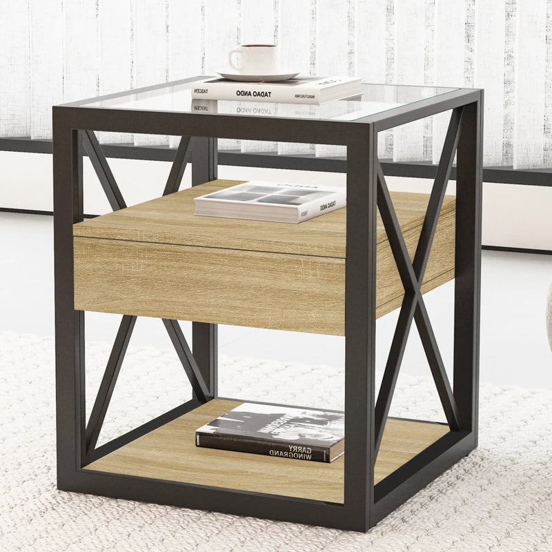 1 Piece Modern End Table with Drawer - Natural Wood & Tempered Glass by HouseOfZazla
