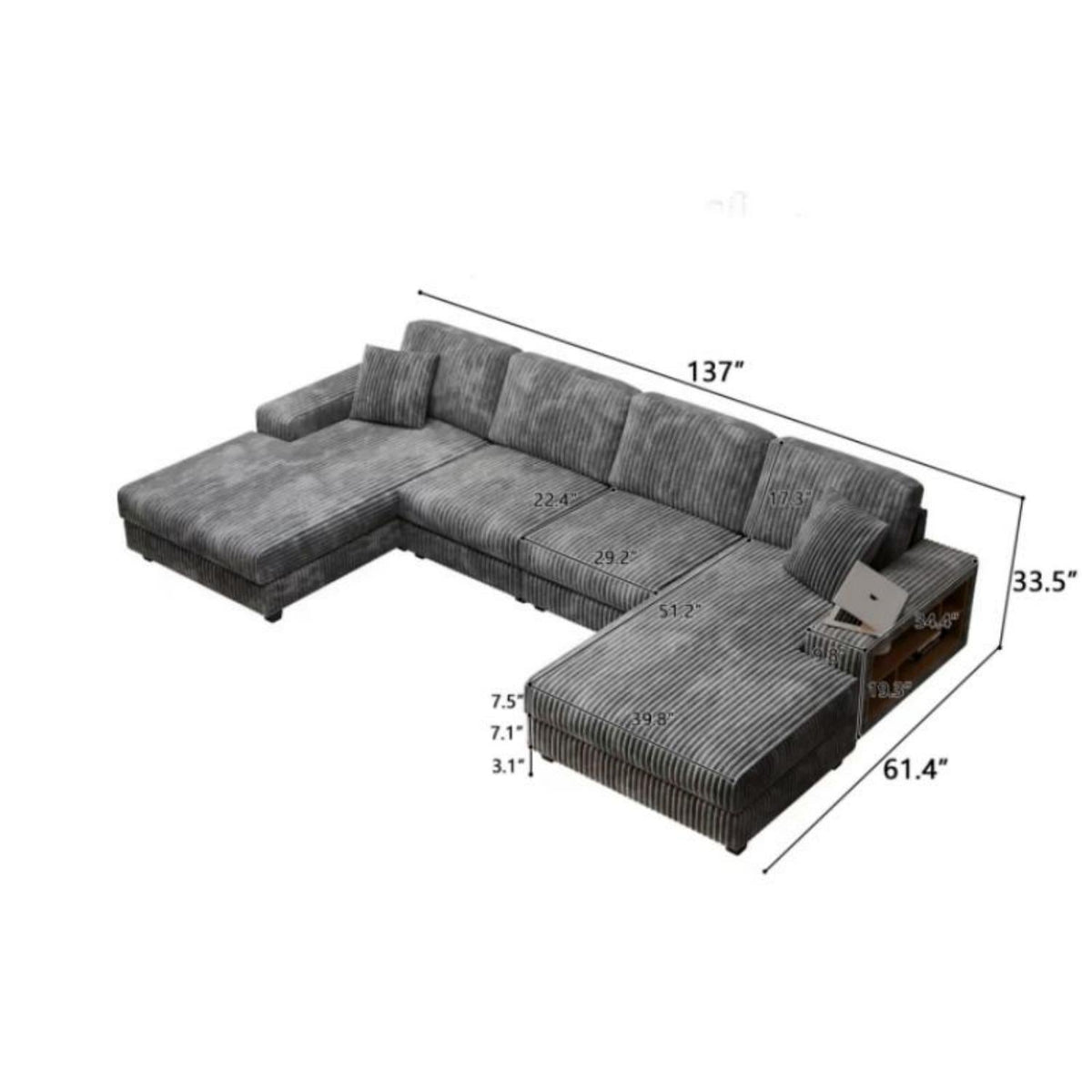 U-Shaped Convertible Sofa, 4 Seater Sectional with Storage Armrests - Multiple Colors, photo 8 of 16