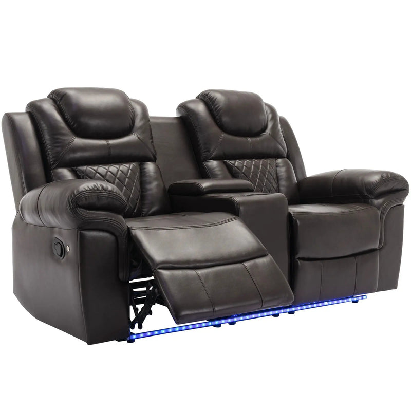 3 Pieces Recliner Sofa Sets Home Theater Seating Manual Recliner Chair & Center Console And LED Light Strip For Living Room - Brown by HouseOfZazla