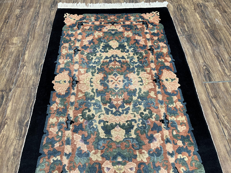 Chinese Art Deco Rug 3x5, Black and Beige Chinese Carpet 3 x 5, Vintage Rug, 1950s Rug, Floral Rug, Handmade Rug, Art Deco Rug, Wool Rug by Jewel Rugs