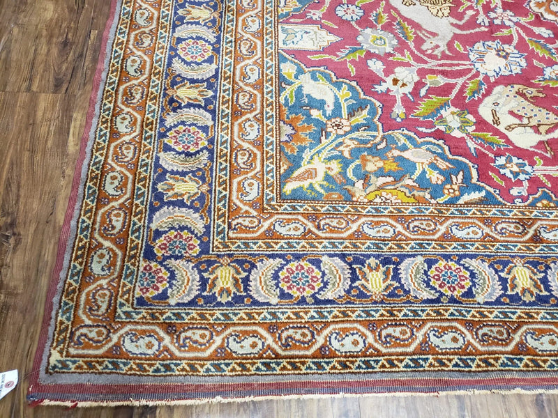 Antique Turkish Sivas Area Rug 8x11, Hand-Knotted, Vintage Red Wool Carpet, Gazelles Lions, Boteh Border, 8' x 11' Top Quality Oriental Rug by Jewel Rugs