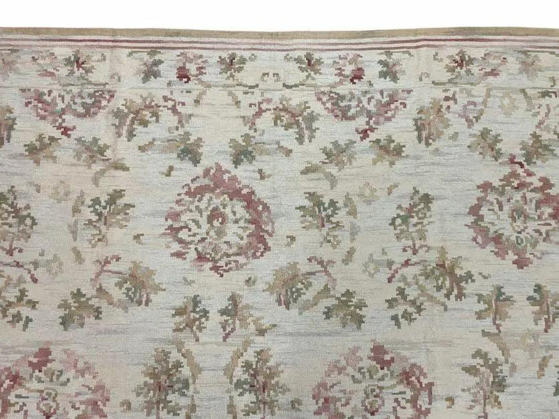 9x12 Flatweave Aubusson Needlepoint Rug, New, Beige, Tan, Green, Handmade, Hand-Knotted Area Rug, French European Carpet, Flowers by Jewel Rugs
