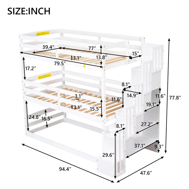 Twin Size Triple Bunk Bed With Storage Staircase, Separate Design - White by HouseOfZazla
