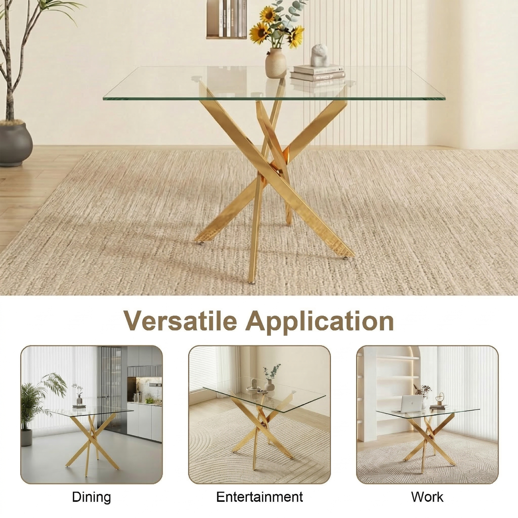 Rectangular Glass Dining Table with Gold-Plated Legs by HouseOfZazla