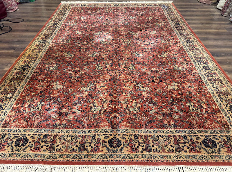 Persian Area Rug 8 x 11.6, Wool, Royal Hunting Scene, Vintage Couristan Rug, Red, Allover Pattern, Belgium Power Loomed by Jewel Rugs