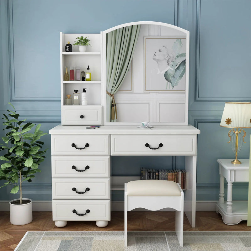Fashion Vanity Desk With Mirror And Adjustable Lighting, 6 Drawers, 3 Color Light Modes - White by HouseOfZazla