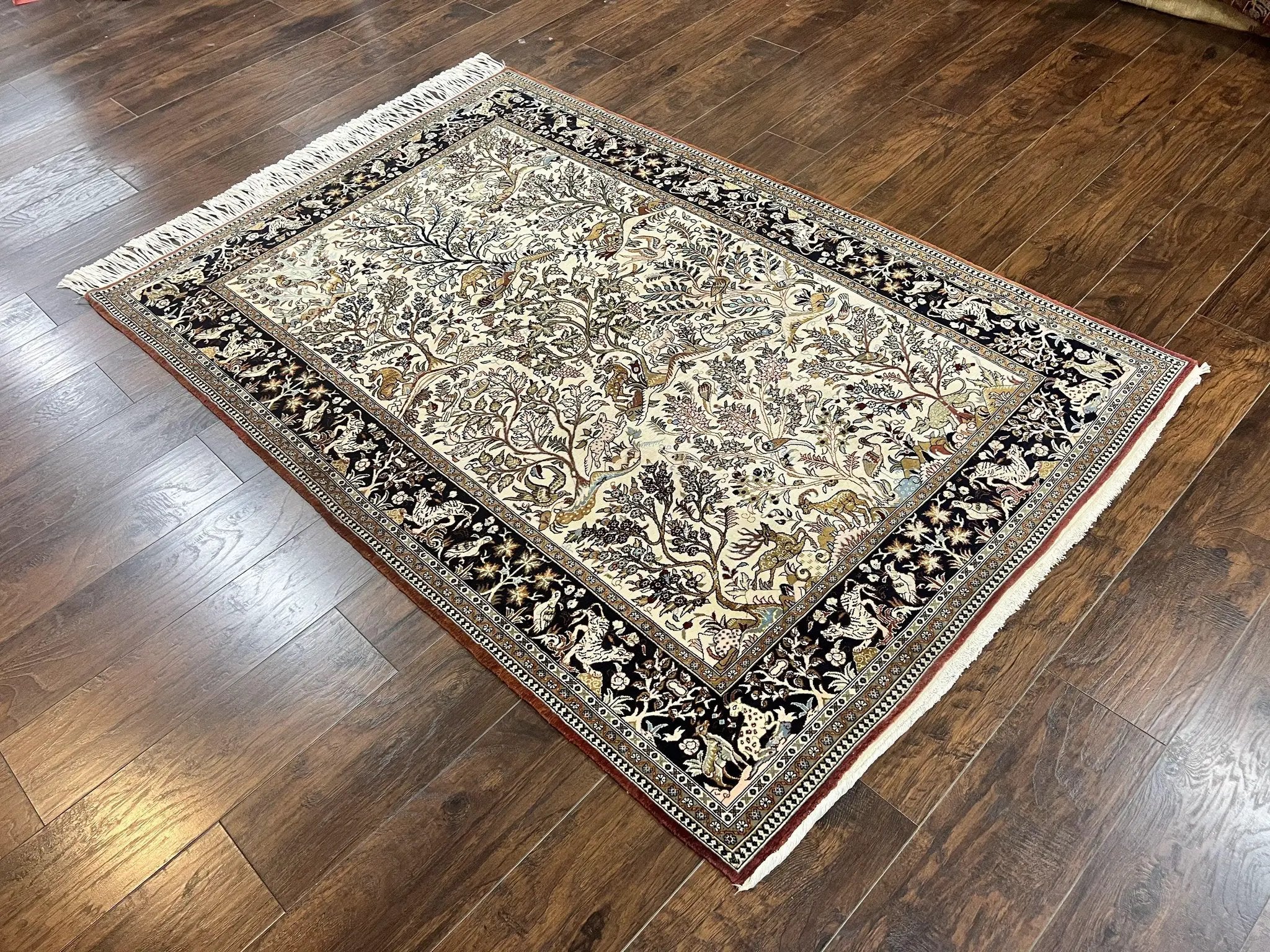 Persian Qum Tree of Life Rug 5x7, Wool and Silk Highlights, Animal Motifs, Vintage Hand Knotted Handmade Cream & Black Fine Oriental Carpet by Jewel Rugs