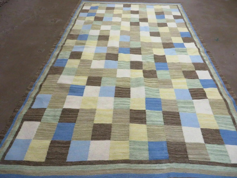 5' X 8' Hand-knotted Kilim Dhurrie Wool Cotton Rug Flat Weave Carpet Checkered Pattern Colorful Multicolor by Jewel Rugs