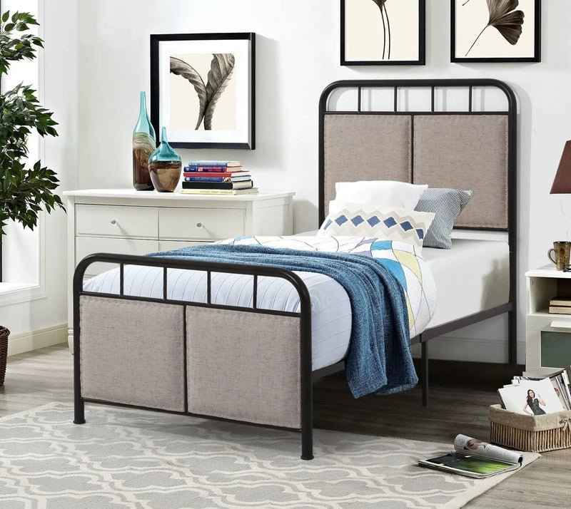 Twin Size Linen Upholstered Platform Metal Bed Frame With Fabric Headboard And Footboard - Brown by HouseOfZazla