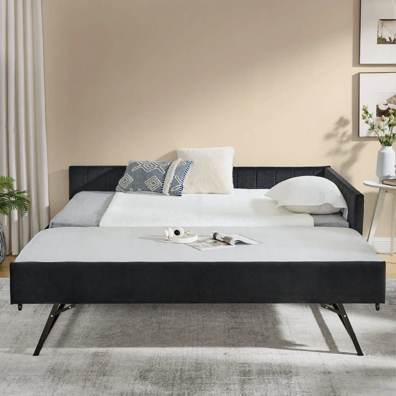 Full Size Upholstered Daybed With Trundle, Tufted Backrest And Armrests - Black by Unique Piece Furniture