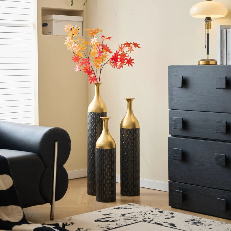 Elegant Floor Vase Set Metal Decorative Vases 3 Piece Set For Floral Display, Wedding & Gift Decor - Gold / Black by HouseOfZazla
