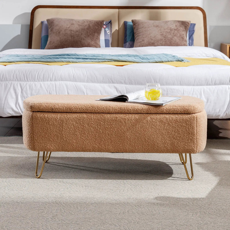 Storage Ottoman Bench For End Of Bed Legs, Modern Camel Faux Fur Entryway Bench Upholstered Padded With Storage For Living Room Bedroom by Unique Piece Furniture