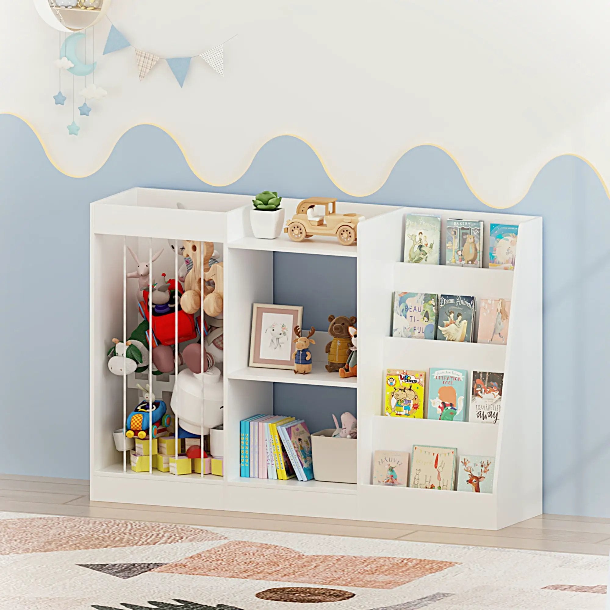 Bookshelf And Toy Storage, 3 Tier Montessori Bookcase With Stuffed Animal Organizer - White by HouseOfZazla