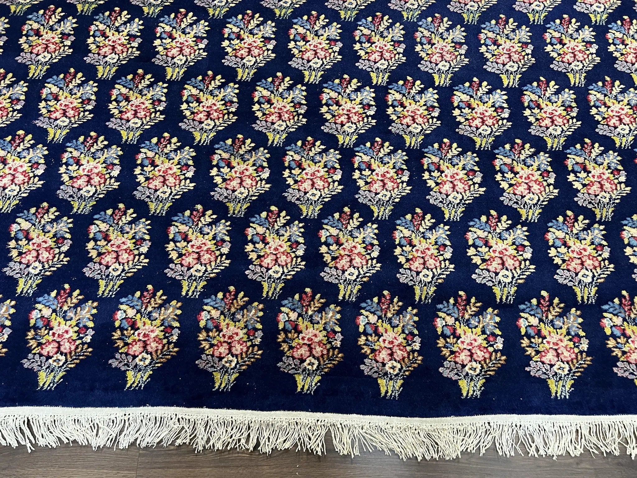 Persian Rug 9x12, Authentic Hand Knotted Carpet, Repeated Floral Motif Garden of Eden, Navy Blue Wool Rug 9 x 12, Semi Antique Kirman Rug by Jewel Rugs