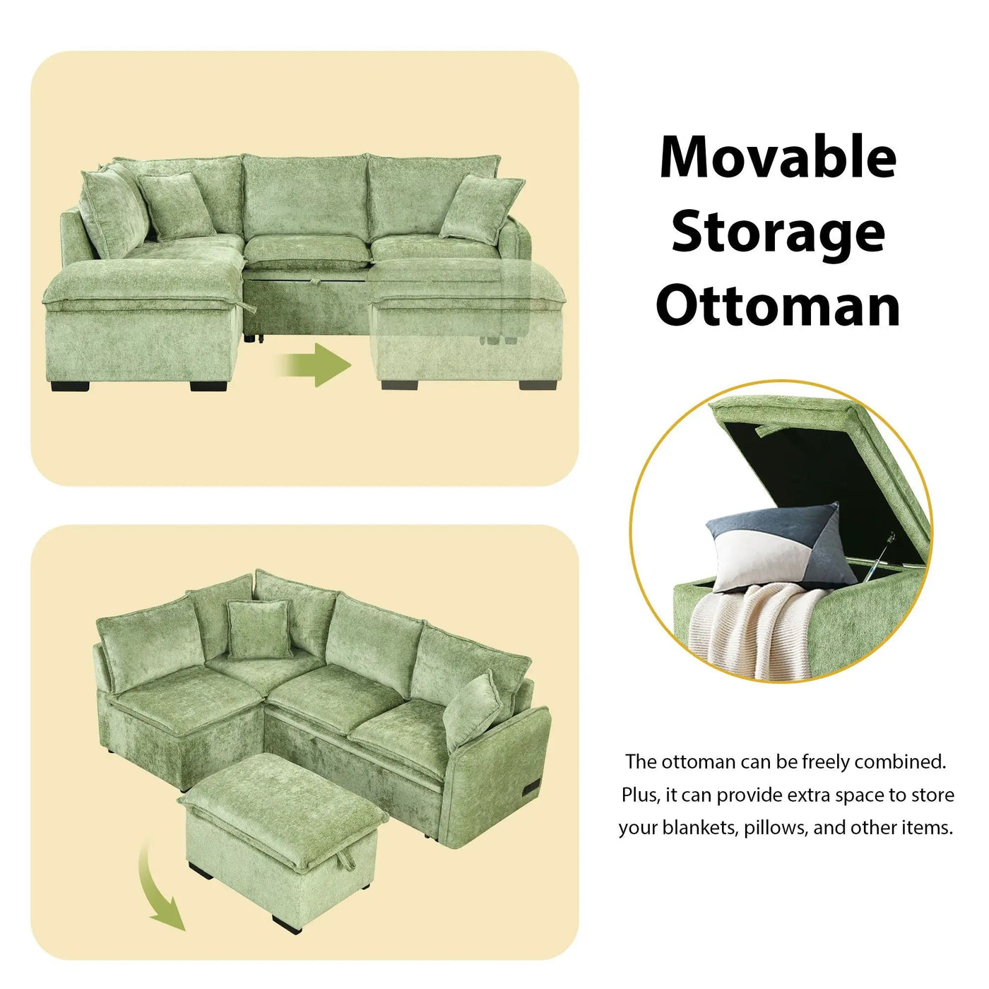 Convertible Sofa Bed Sectional Sofa Sleeper L-Shaped Sofa With A Storage Ottoman, Two Pillows, Two Power Sockets And Two USB Ports For Living Room by Unique Piece Furniture