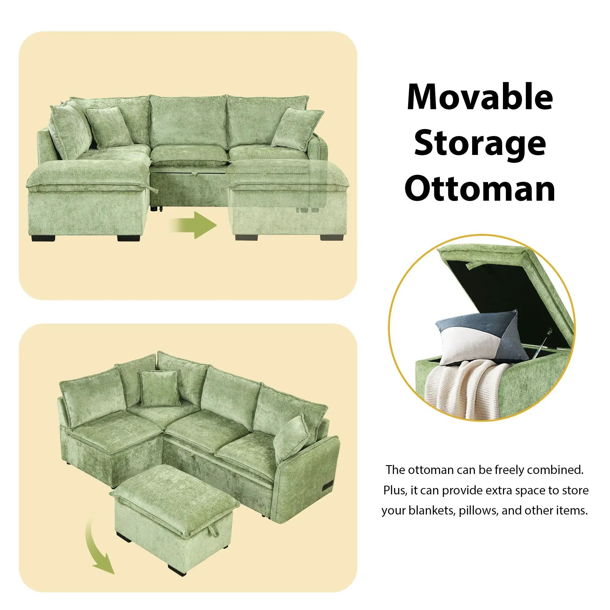 Convertible Sofa Bed Sectional Sofa Sleeper L-Shaped Sofa With A Storage Ottoman, Two Pillows, Two Power Sockets And Two USB Ports For Living Room by HouseOfZazla