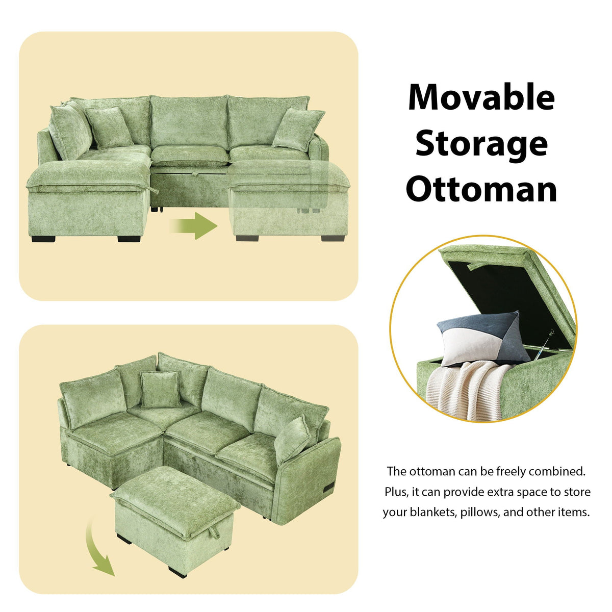 Convertible Sofa Bed Sectional with Storage Ottoman and Charging Ports - Green or Orange, photo 25 of 40