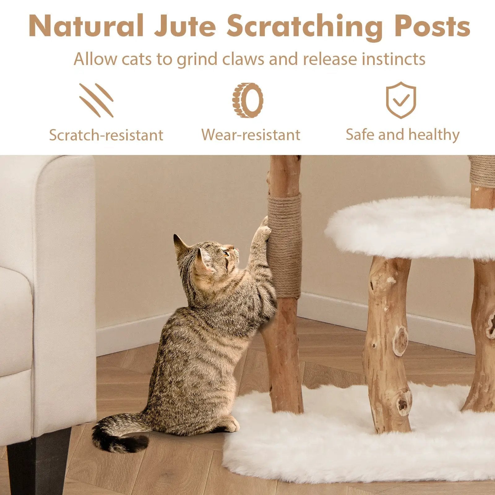 44 Inch Solid Wood Cat Tree with Perch and Natural Jute Scratching Posts-White by DirectDeals