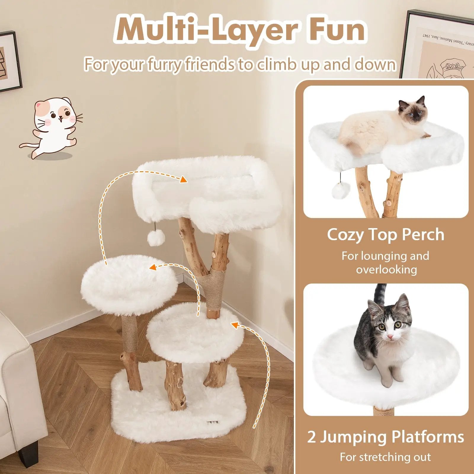 44 Inch Solid Wood Cat Tree with Perch and Natural Jute Scratching Posts-White by DirectDeals