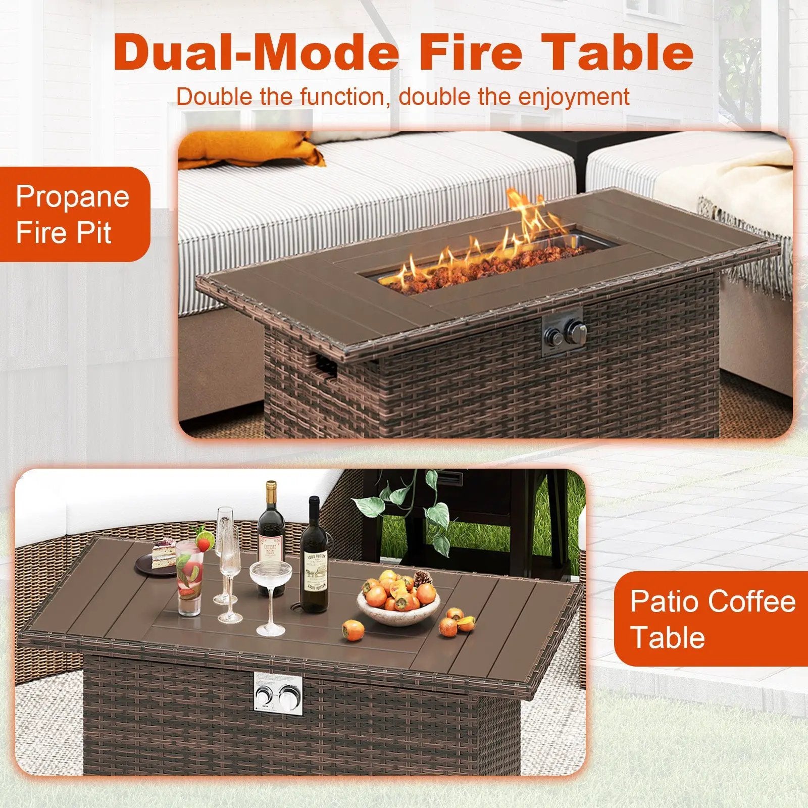 44.5 Inch Propane Fire Pit Table Rattan Gas 2-in-1 with Stainless Steel Burner by DirectDeals
