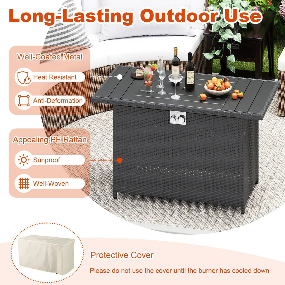 44.5 Inch Propane Fire Pit Table Rattan Gas 2-in-1 with Stainless Steel Burner by DirectDeals
