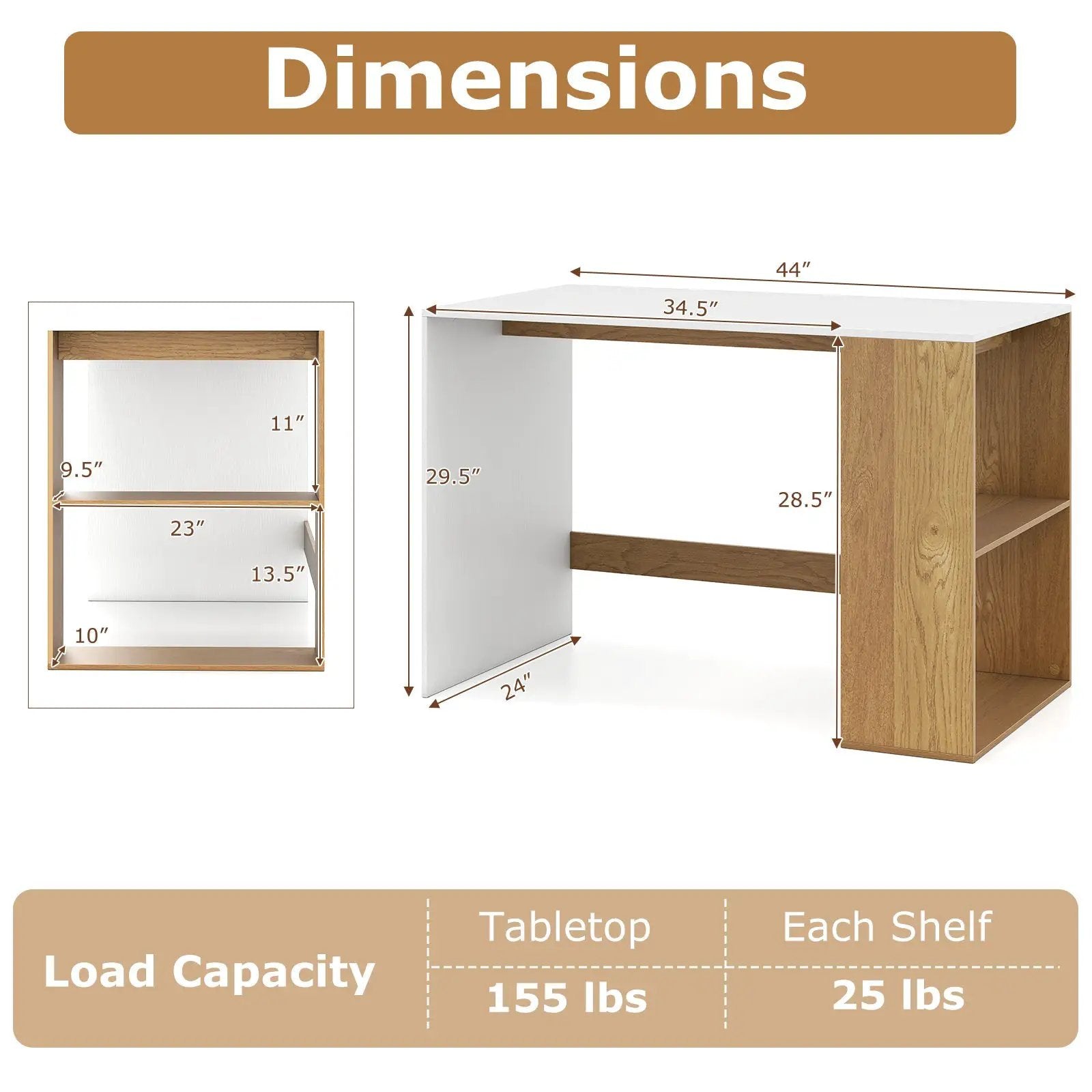 44 Inch Wooden Computer Desk with Bookshelf for Small Space by DirectDeals