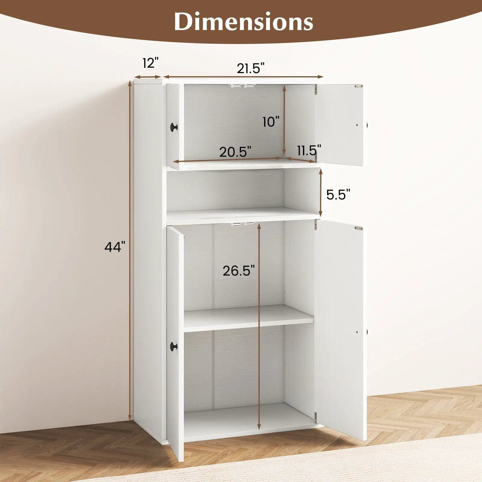 44 Inches Tall Bookshelf with Doors and Adjustable Shelf