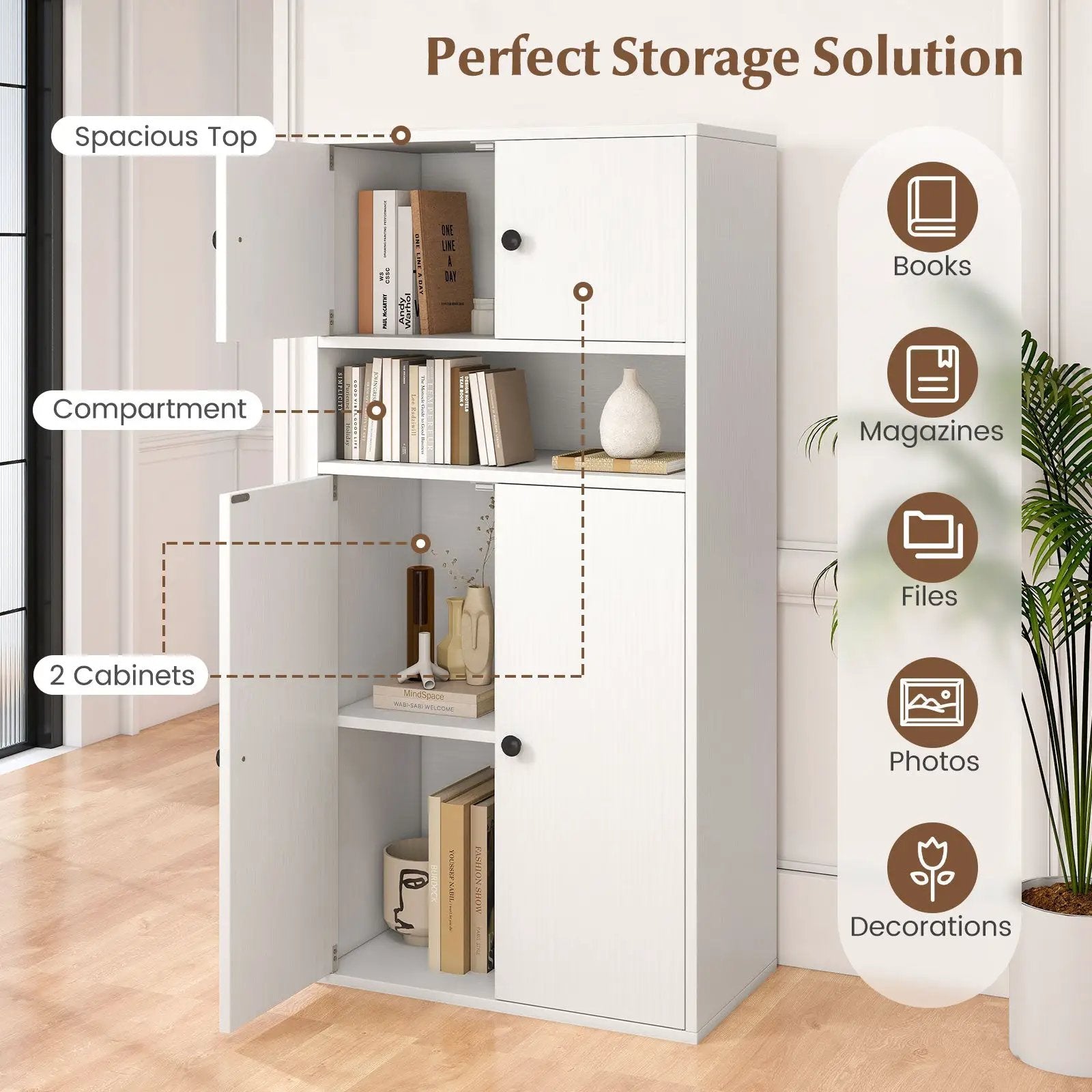 44 Inches Tall Bookshelf with Doors and Adjustable Shelf