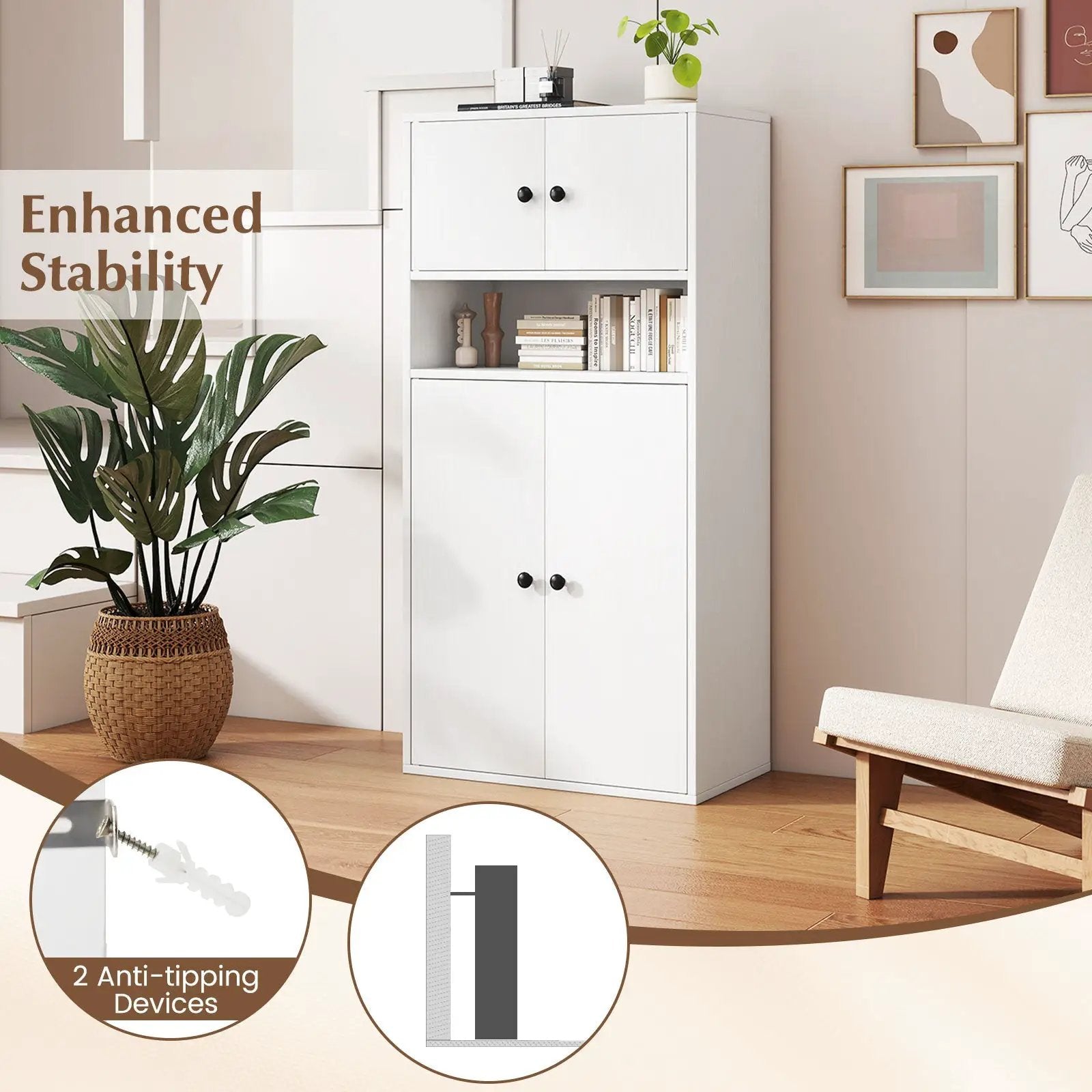 44 Inches Tall Bookshelf with Doors and Adjustable Shelf