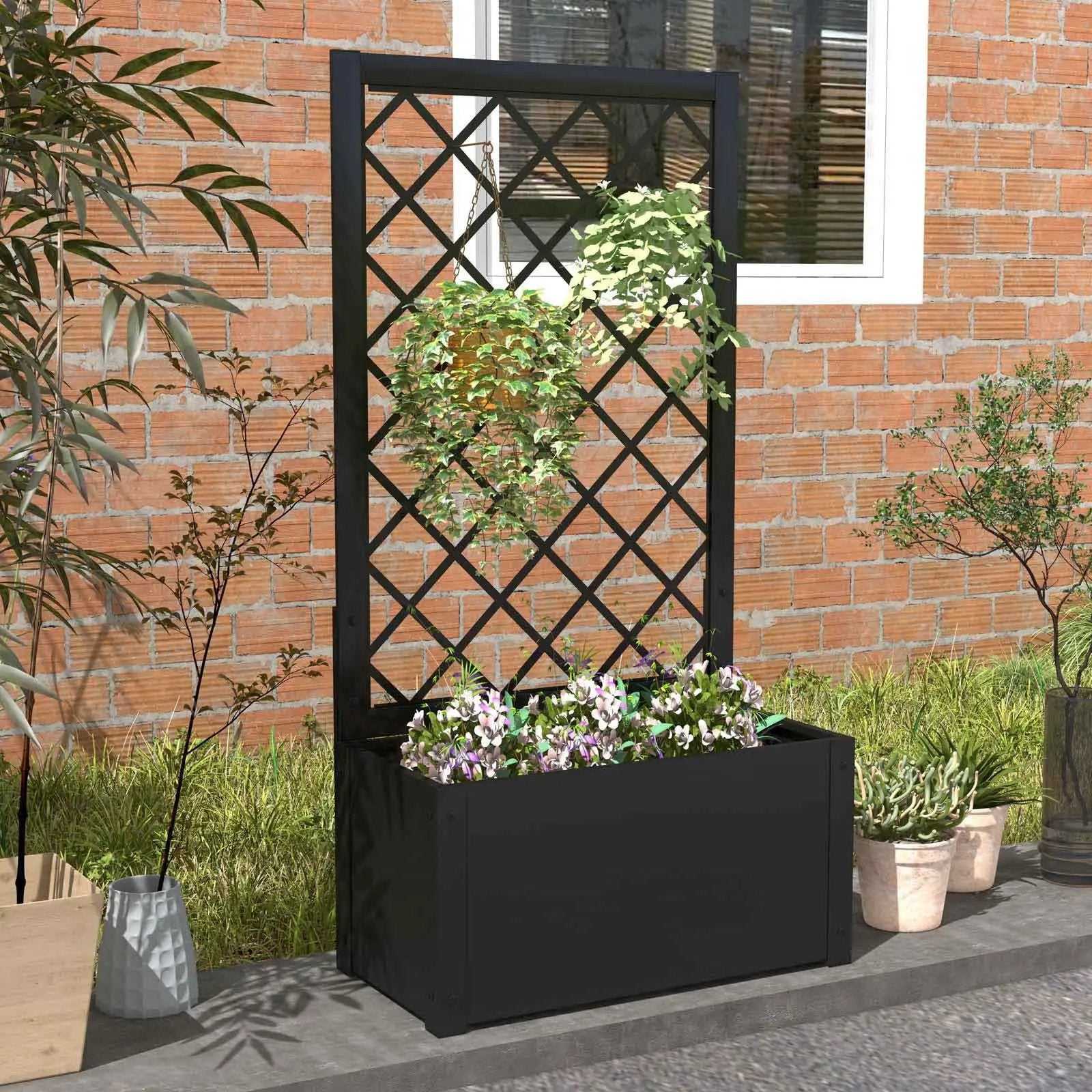 44 Inch Metal Raised Garden Bed with Trellis-Black by DirectDeals