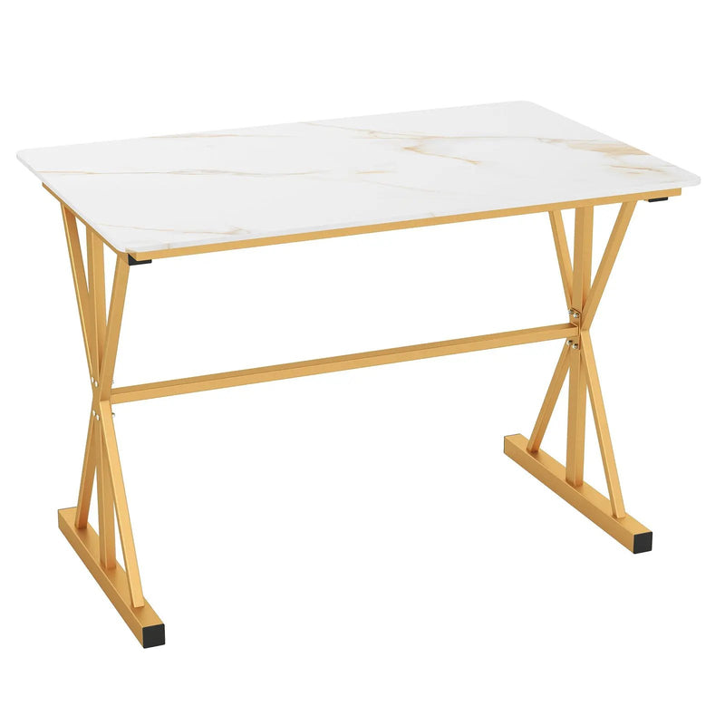 44 Inches Sintered Stone Dining Table with Metal Frame and Faux Marble Tabletop-White by DirectDeals